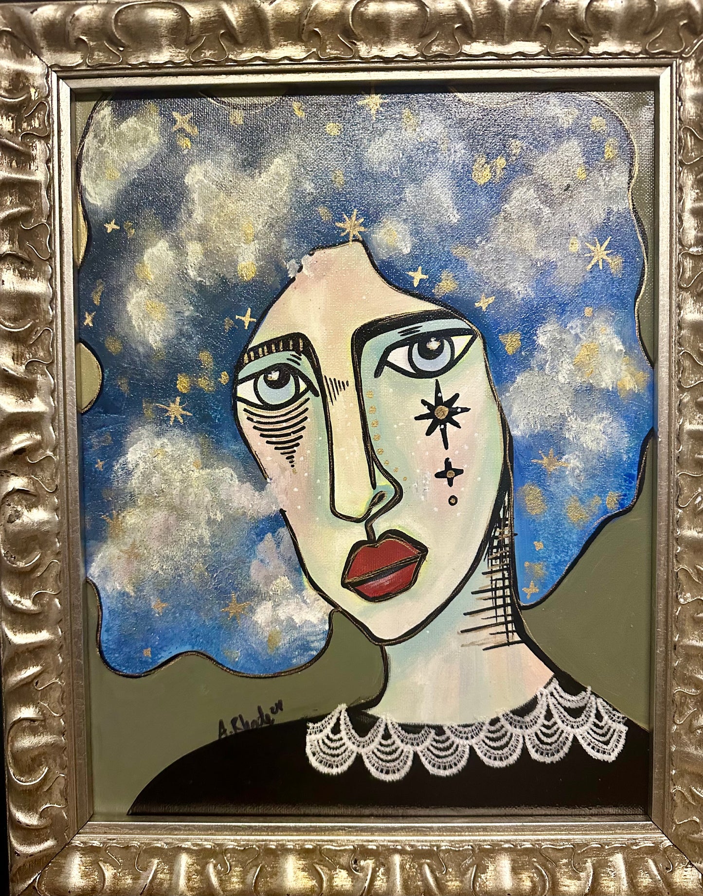 Original painting & mixed media on canvas board in ornate frame 18x21 Abstract Portrait