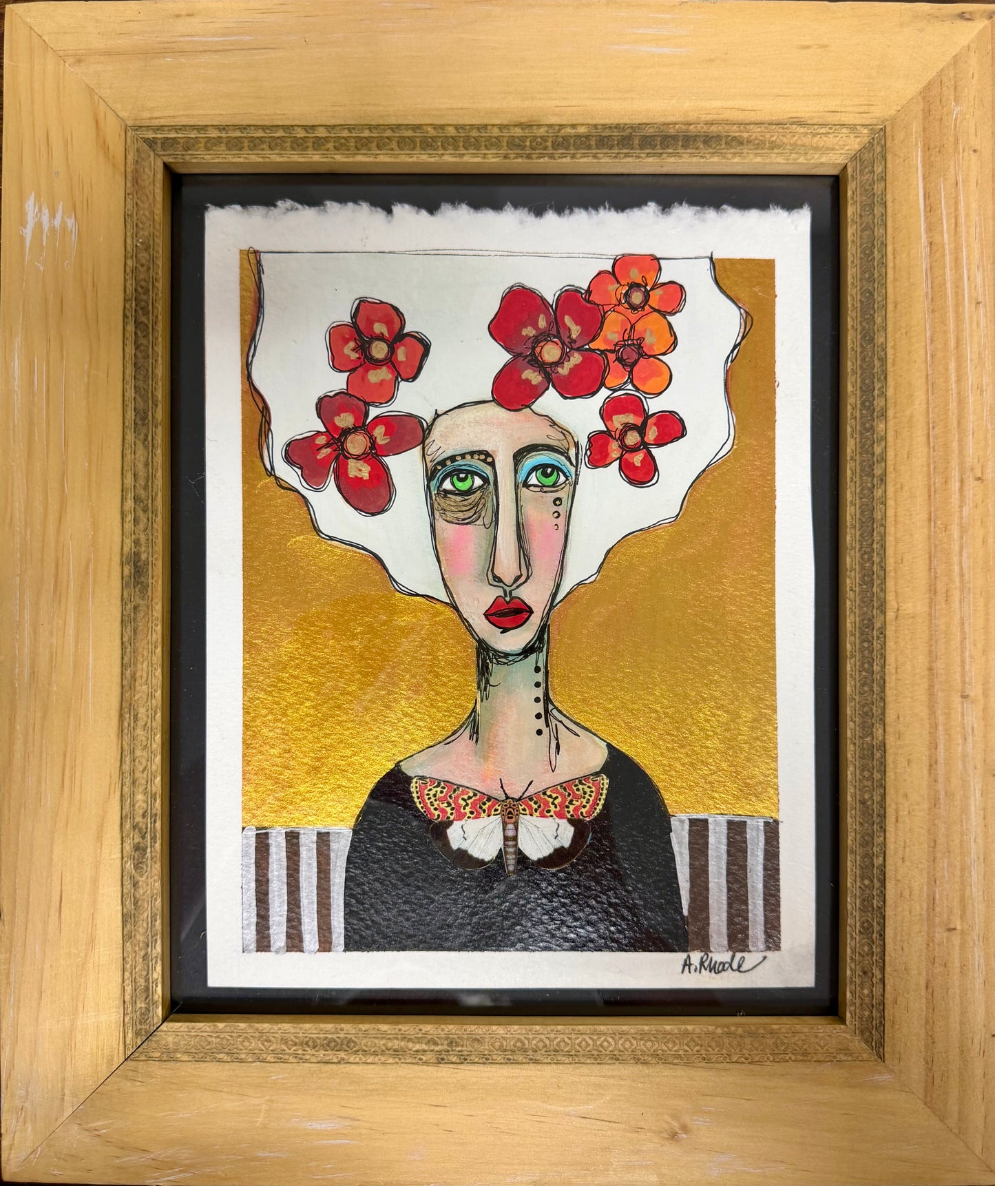 Original,signed painting/mixed media collage portrait on heavyweight archival paper/board in wood frame 11.5x13.5