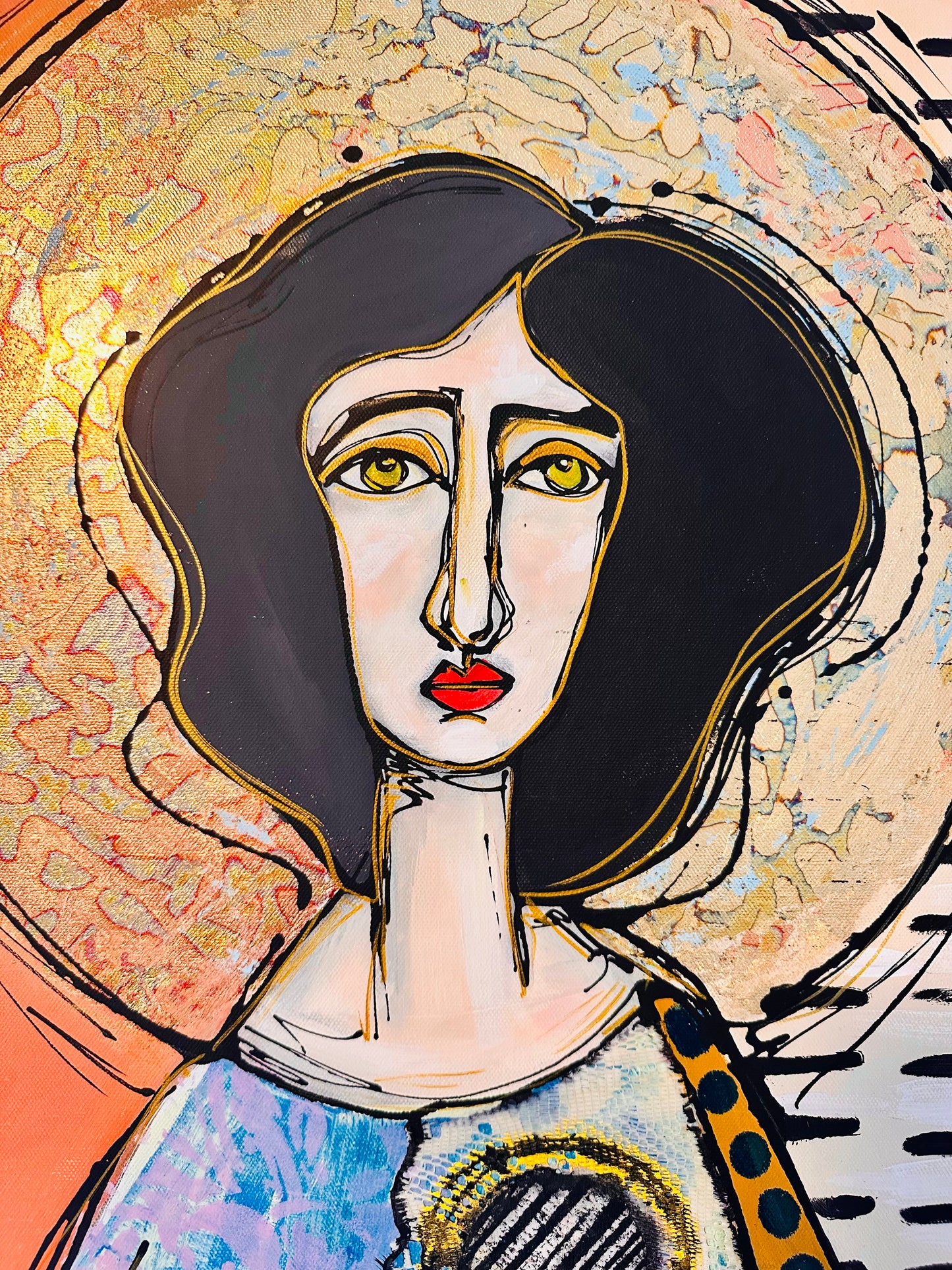 Original, signed painting-24x48”- black edge canvas: Abstract portrait w/ mixed media -“copper nimbus”