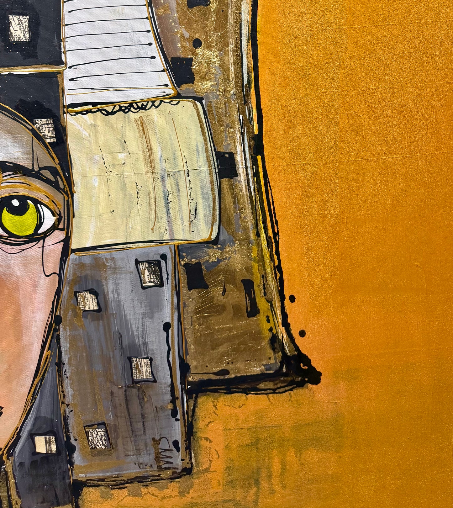 36x48 Original signed painting-wide gallery edge canvas Abstract portrait, acrylic w/mixed media collage & painted edge