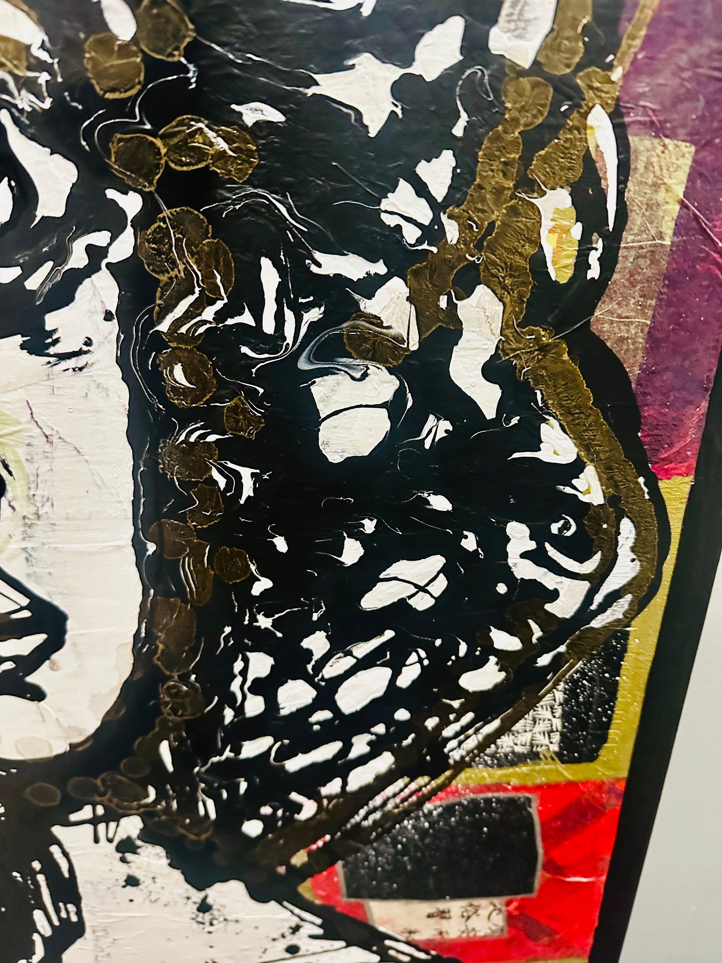 Tall, 26x50” Original painting on canvas w/black wood frame. Abstract,splatter w/gold ink,contour portrait-Large
