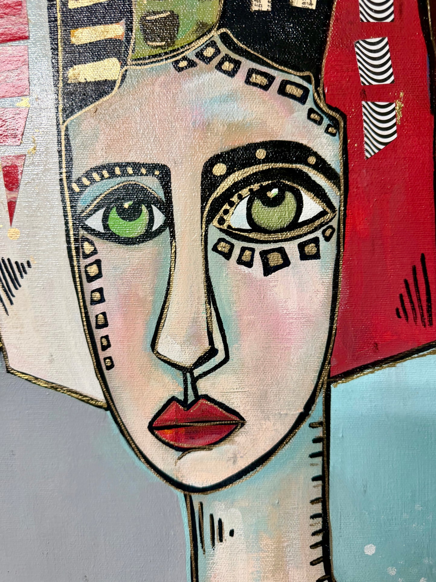 15x30” Original signed painting on painted edge canvas. Tall Abstract portrait, acrylic w/collage cityscape