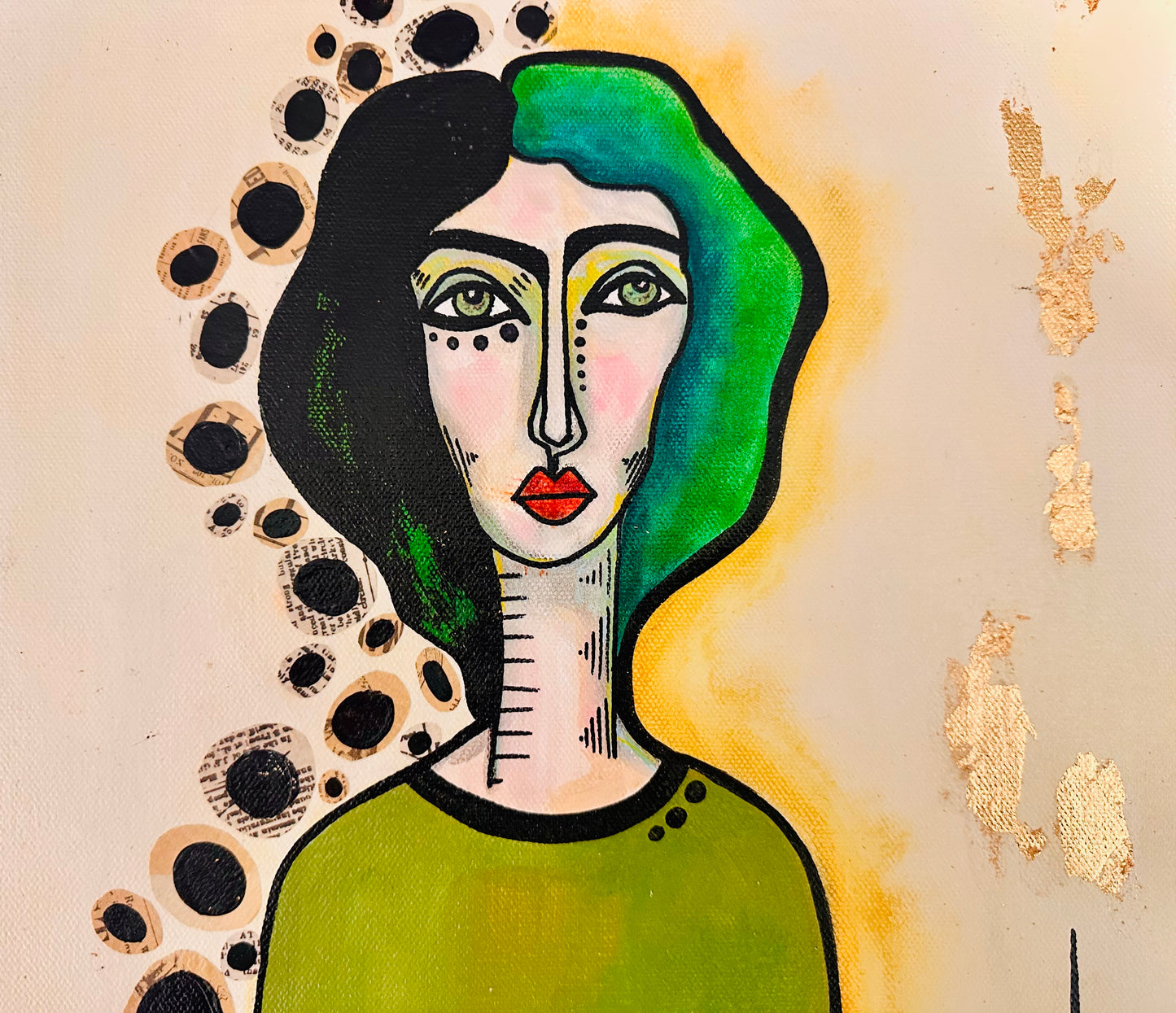 Original, signed painting-12x24” wide collage edge canvas: Abstract portrait w/ mixed media