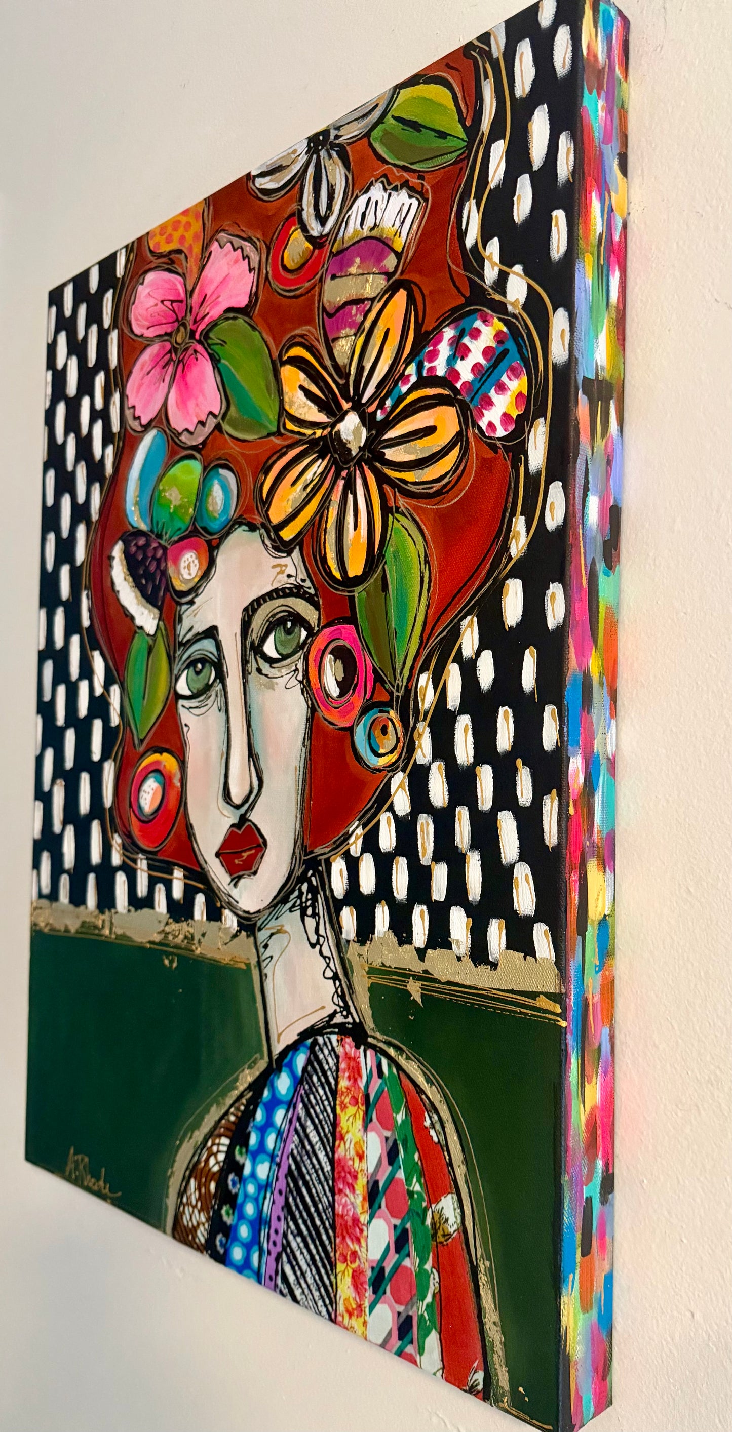 Original, signed painting-18x24”painted, wide edge canvas: Abstract portrait with flowers/mixed media.