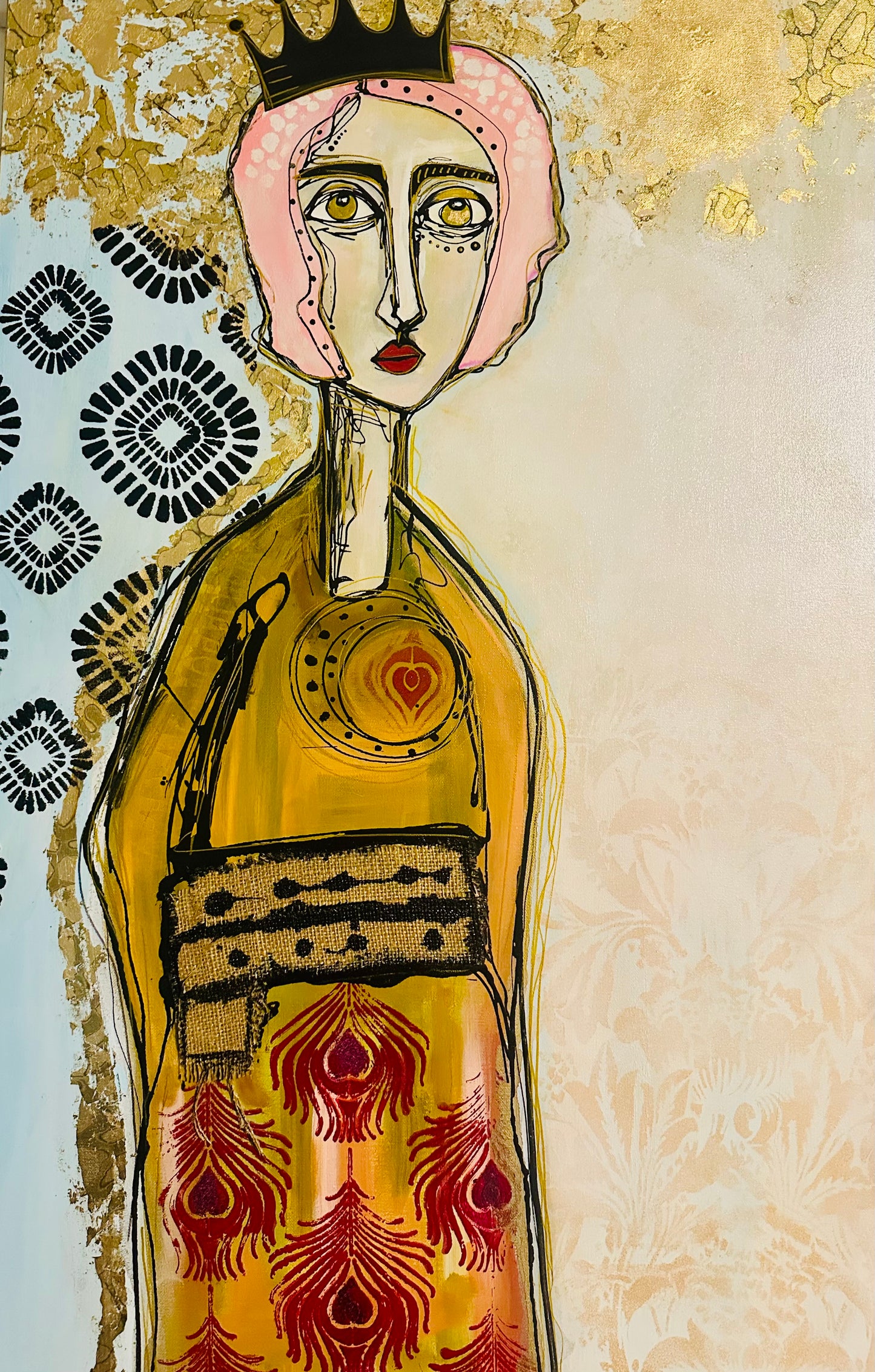 Original, signed painting-24x48”- black edge canvas: Abstract portrait w/ mixed media - ‘Black Crown’