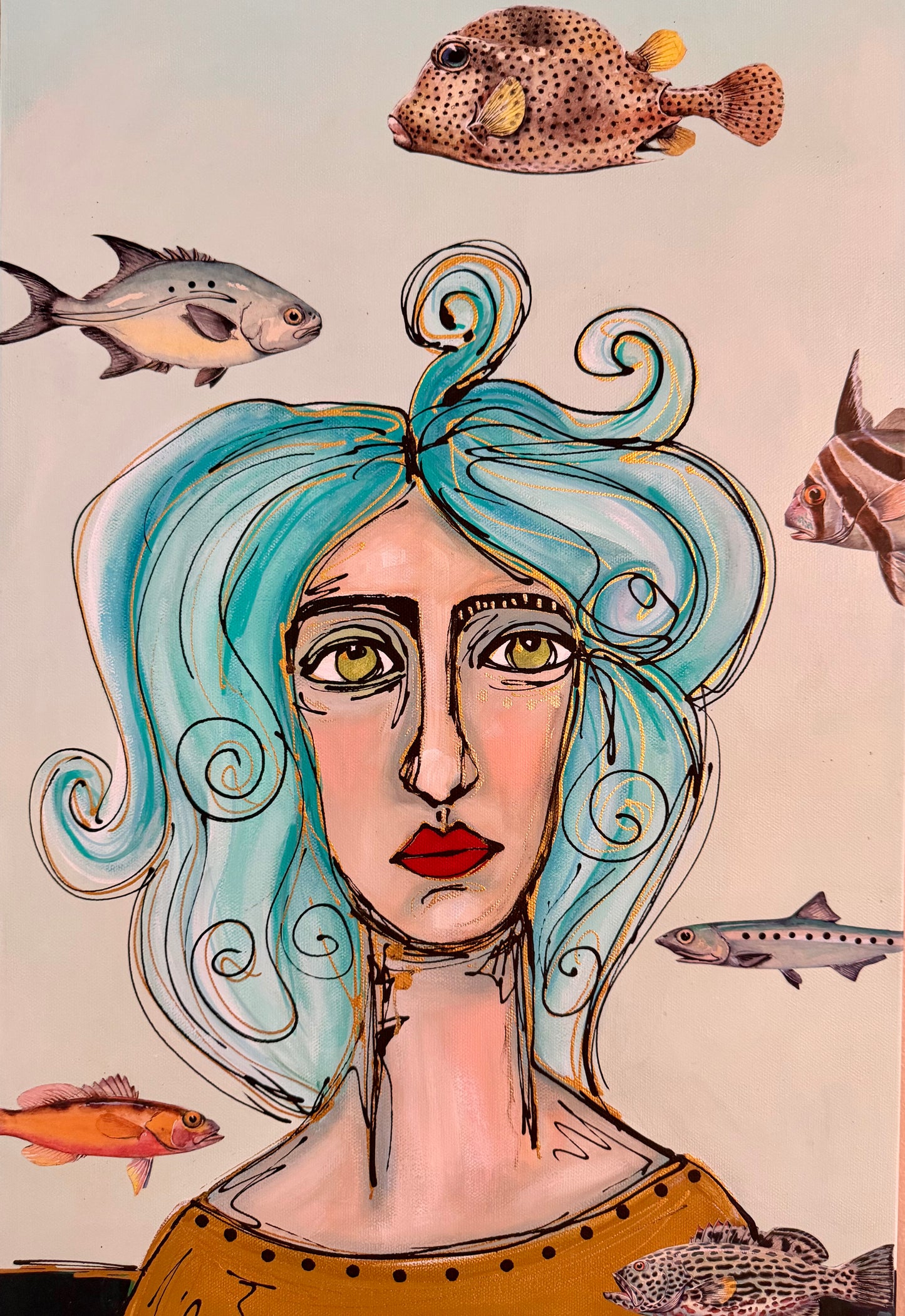 Original, signed painting-15x30”painted, wide edge canvas: Abstract portrait with mixed media collage