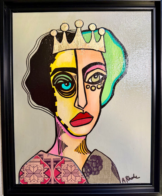 Original painting on canvas board in black frame, 9x11 Abstract portrait w/mixed media collage