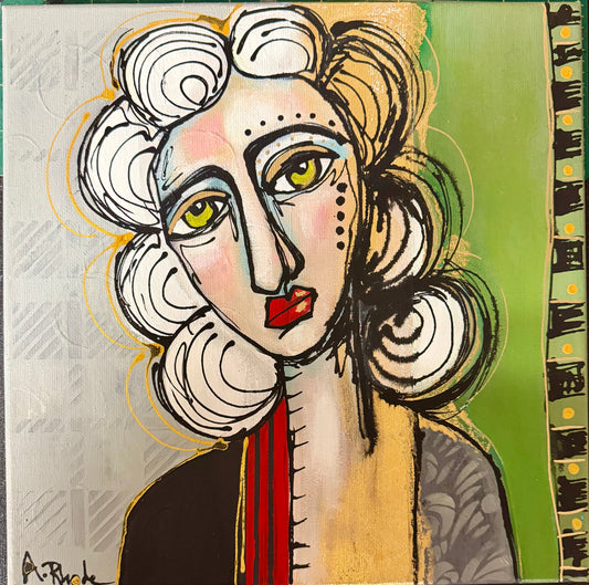 Original, signed painting on canvas  Abstract portrait w/mixed media - square 12x12”