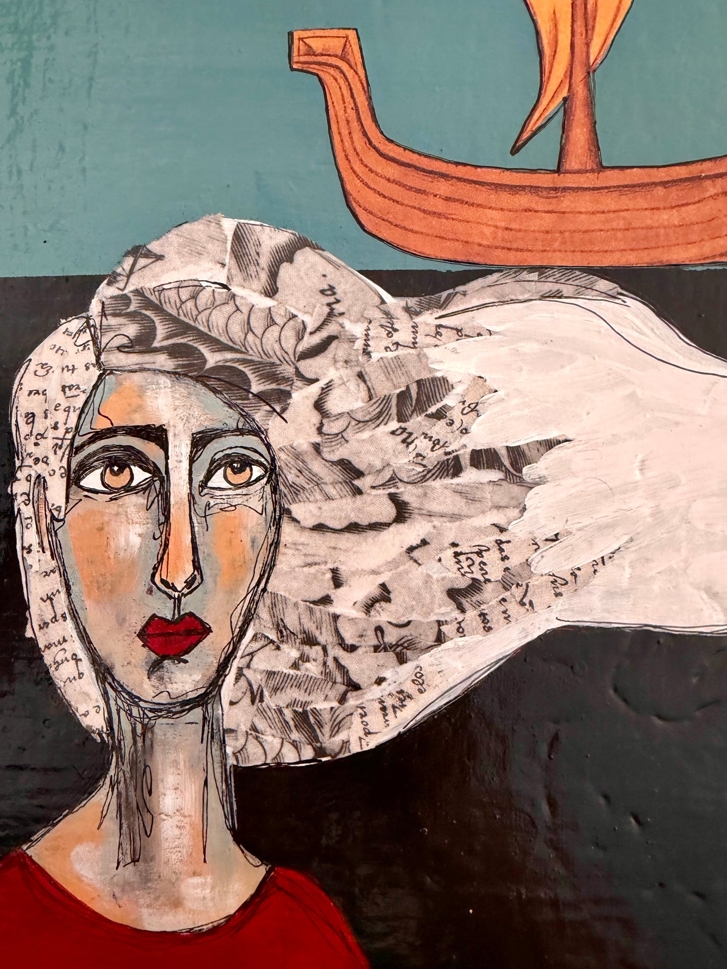 Original, signed mixed media painting/collage on 1in framed wood panel   Abstract portrait w/mixed media -12x12”