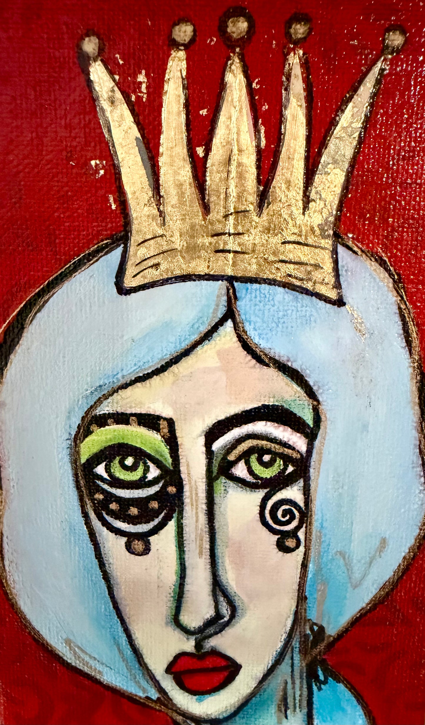 Original, signed mini /slender painting on canvas  Abstract portrait w/mixed media 4x12”