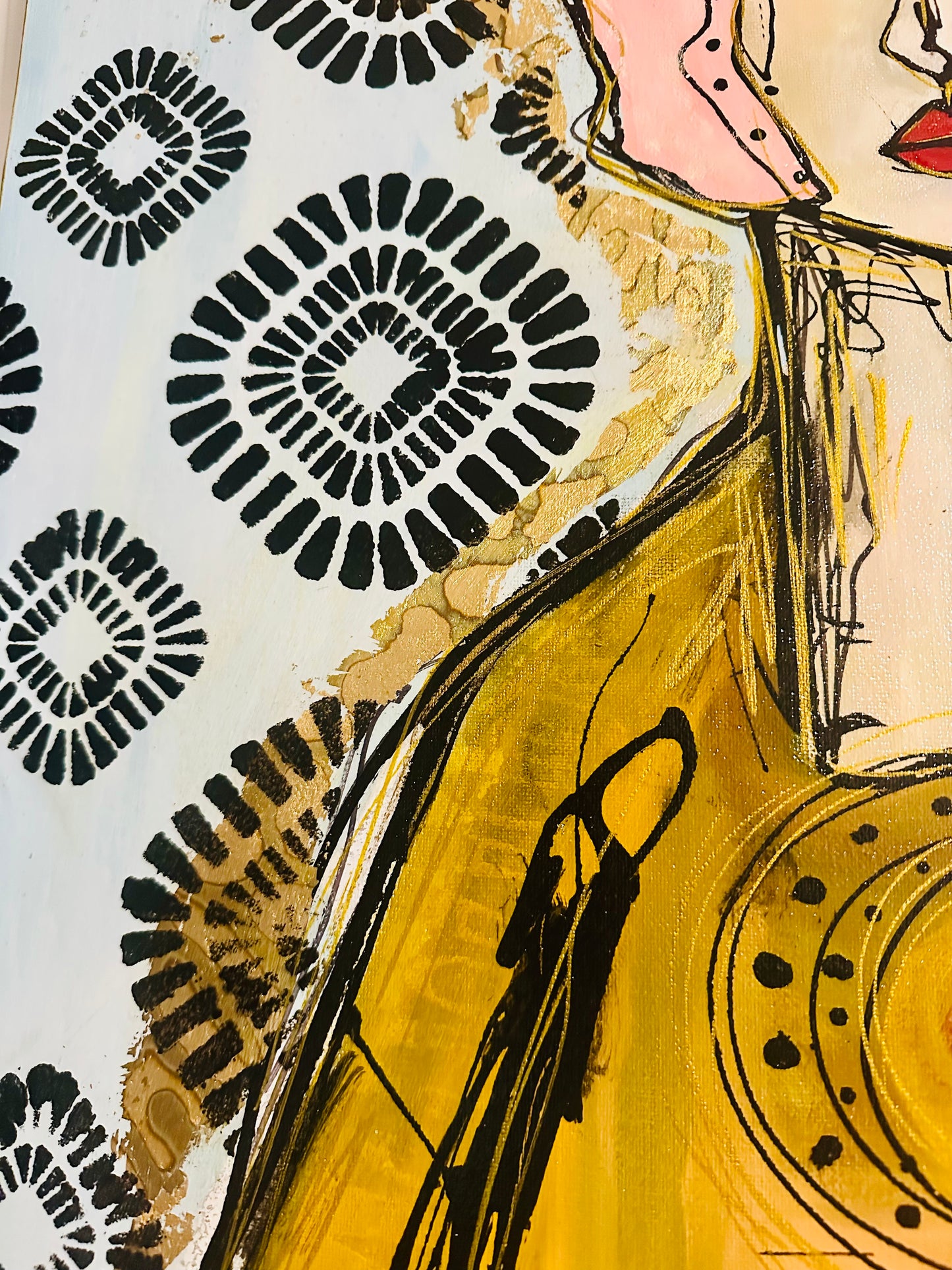 Original, signed painting-24x48”- black edge canvas: Abstract portrait w/ mixed media - ‘Black Crown’