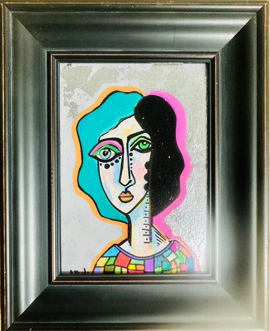 Original mini painting on canvas in frame, 8x10” Abstract portrait w/mixed media