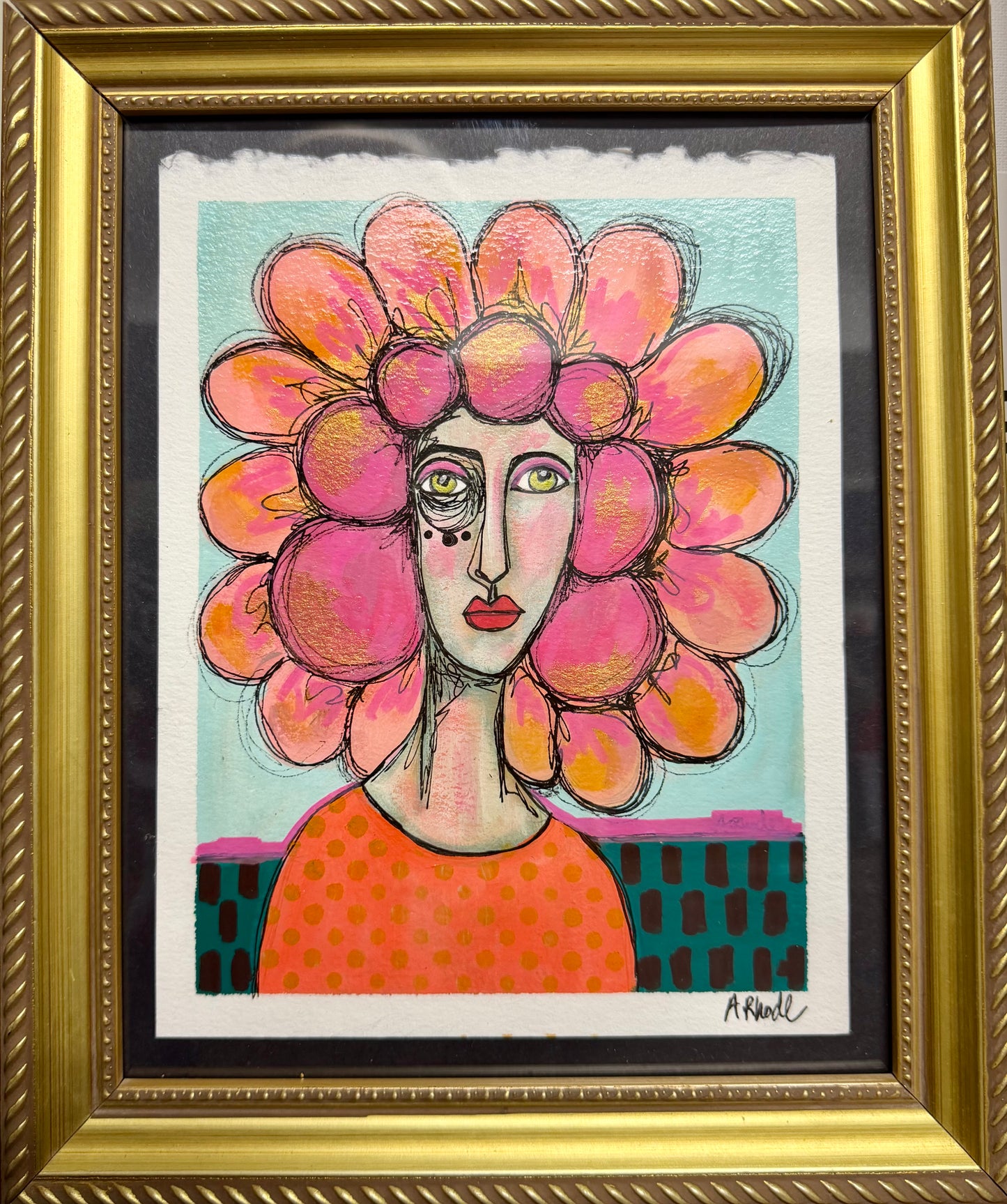Original,signed painting/mixed media collage portrait on heavyweight archival paper/board in gold frame 10x12