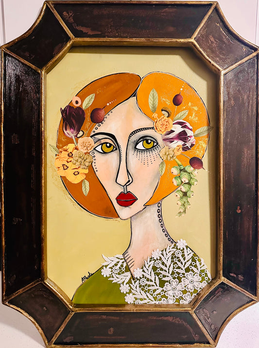 Original painting on canvas board-Unique, distressed frame-24x32”Portrait-w/ mixed media collage.