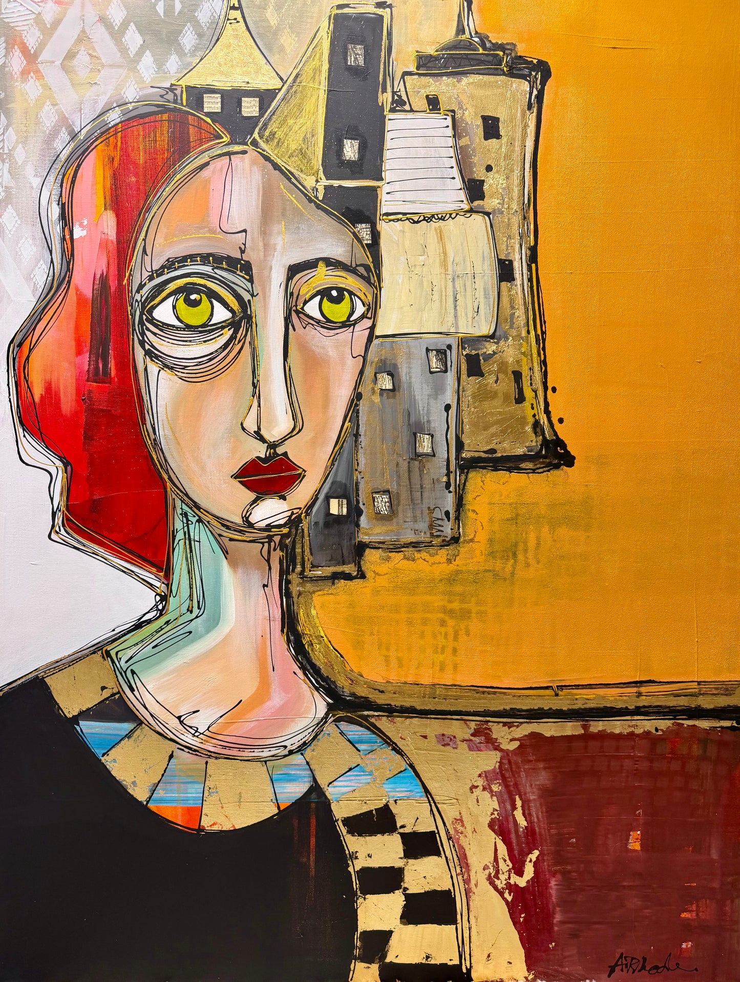 36x48 Original signed painting-wide gallery edge canvas Abstract portrait, acrylic w/mixed media collage & painted edge