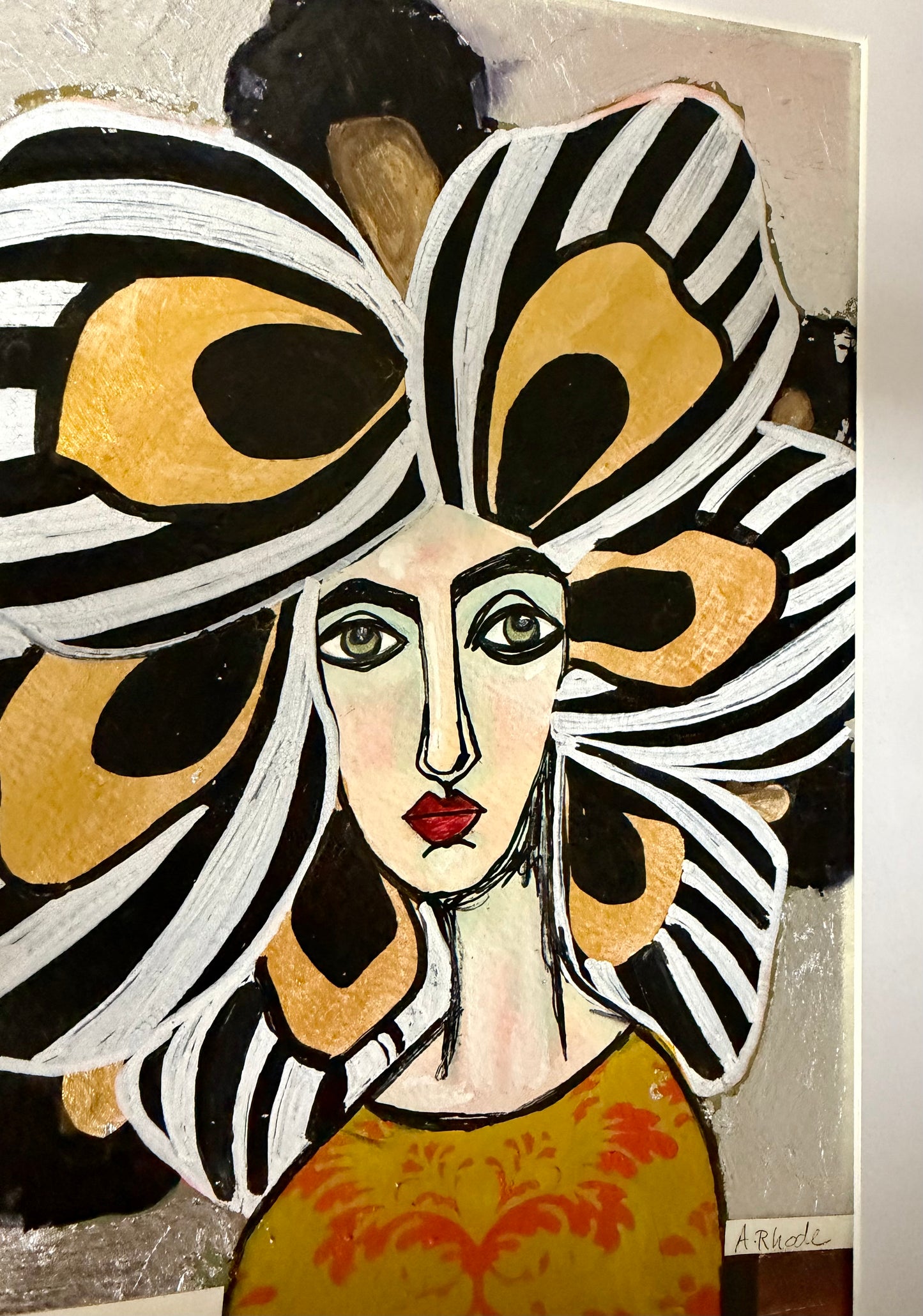 Original,signed painting/mixed media collage in black frame, 12x15” flower girl portrait.