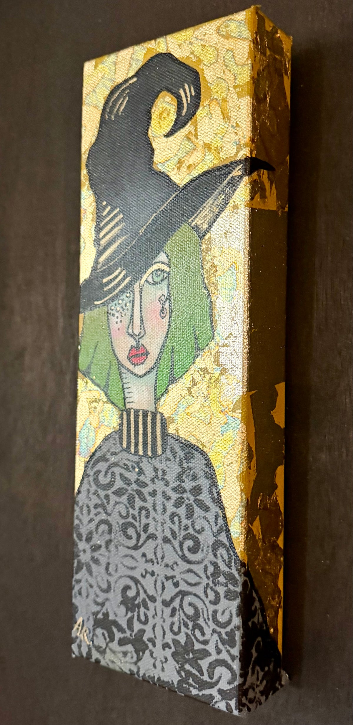 Original, signed mini /slender painting on canvas  Abstract portrait w/mixed media 4x12x1.5”