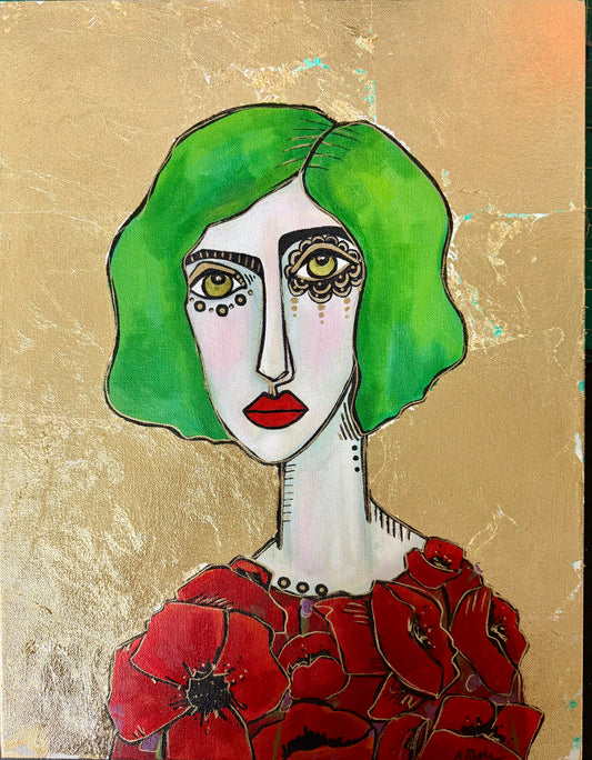 Original, signed painting-14x18” gold leaf canvas: Abstract portrait w/ mixed media