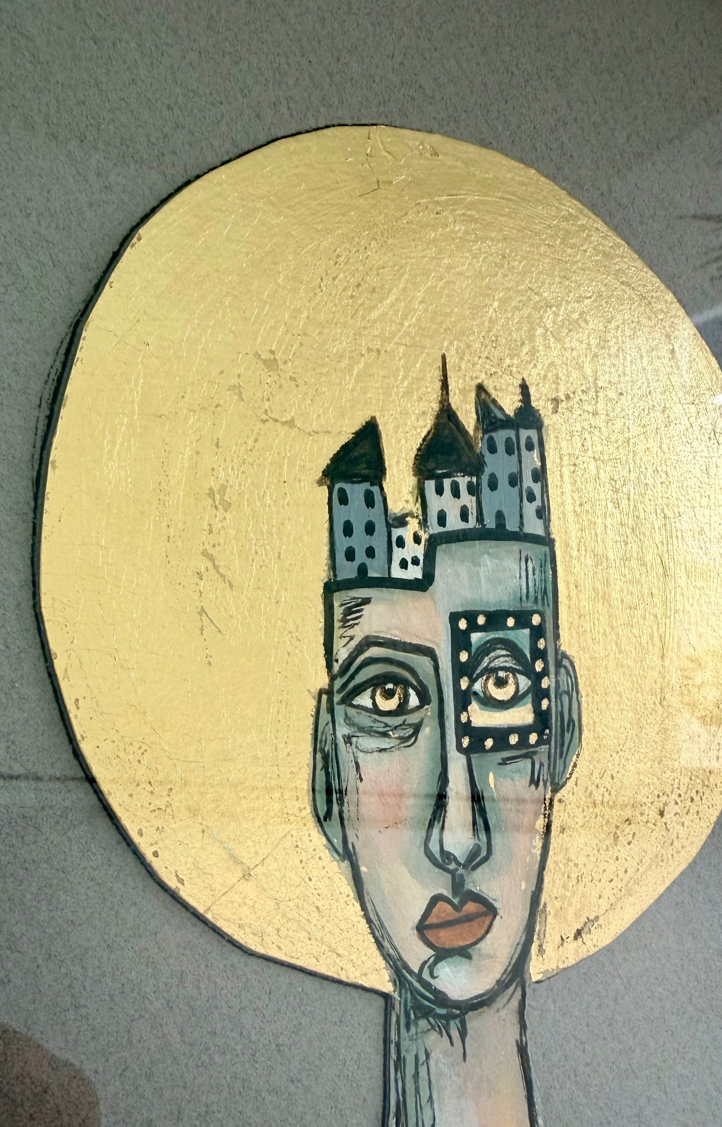 Original,signed painting/mixed media collage portrait on board in gold frame, 10x12”