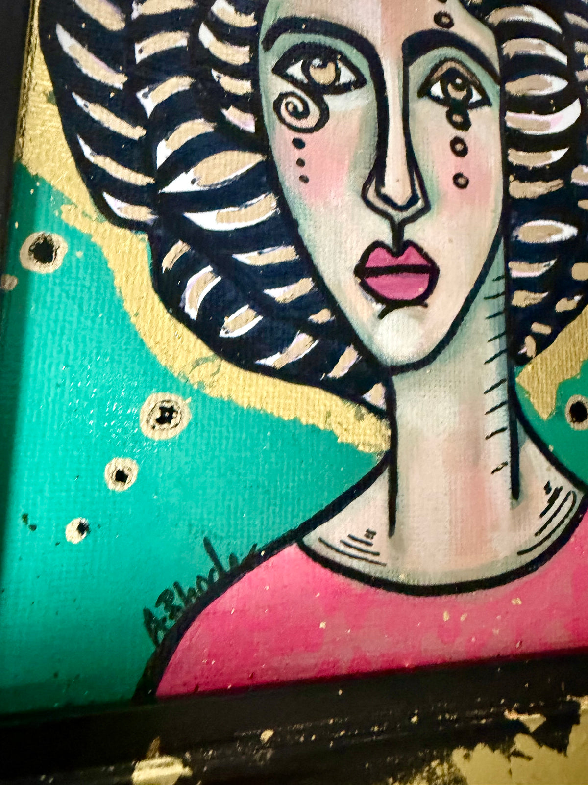 Original,signed painting-mixed media portrait on canvas in gold frame 9x11