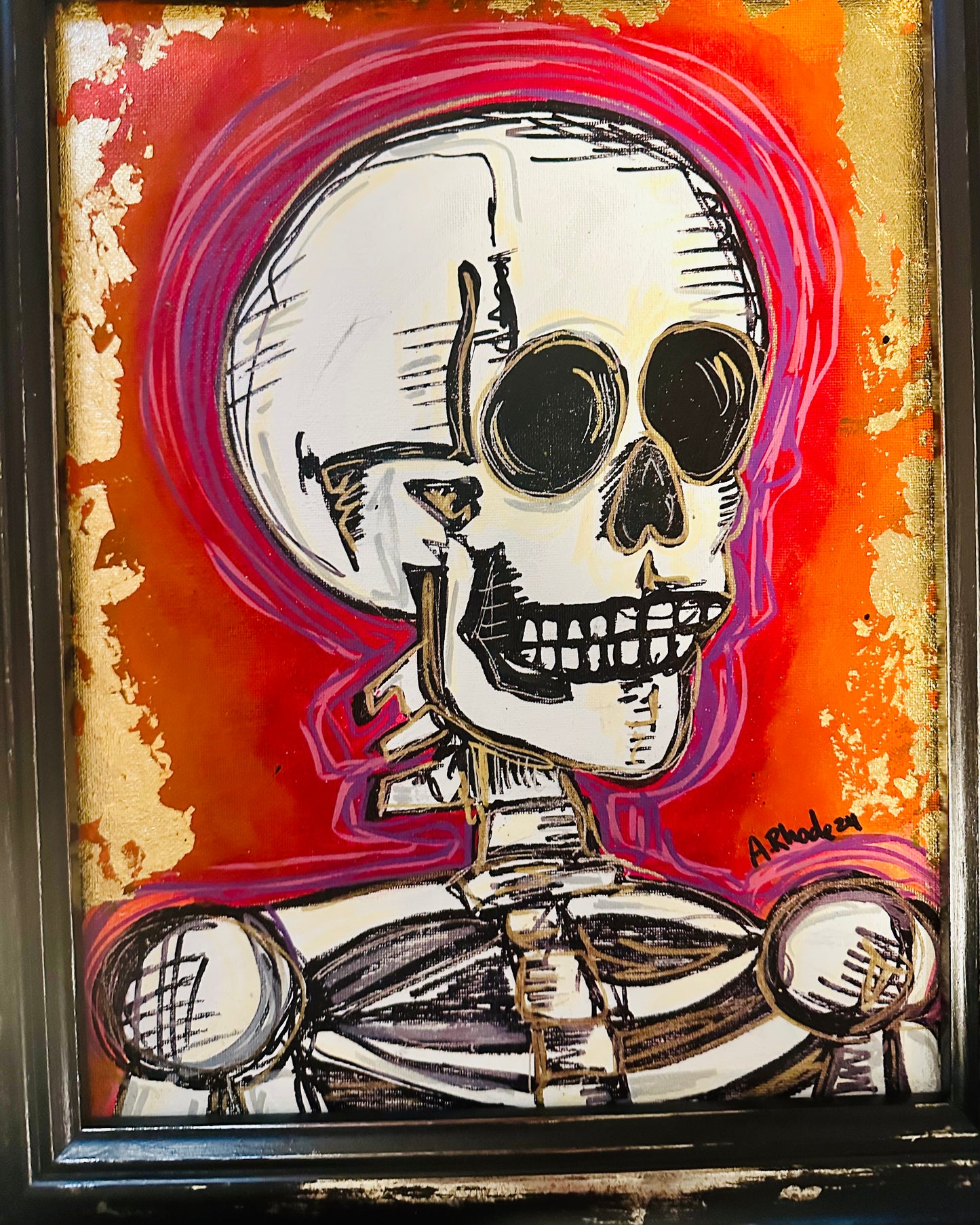 Original painting on canvas board w/ distressed black frame 16x19” Abstract Skelly Portrait w/ mixed media