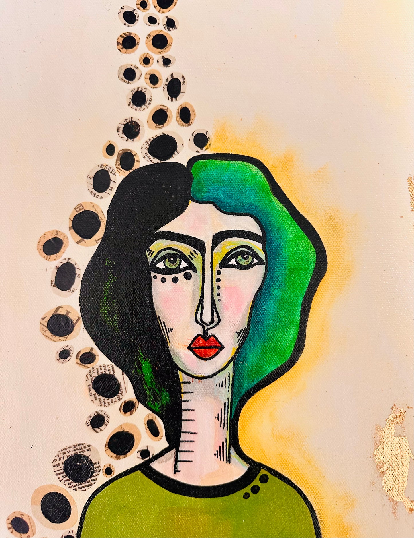 Original, signed painting-12x24” wide collage edge canvas: Abstract portrait w/ mixed media