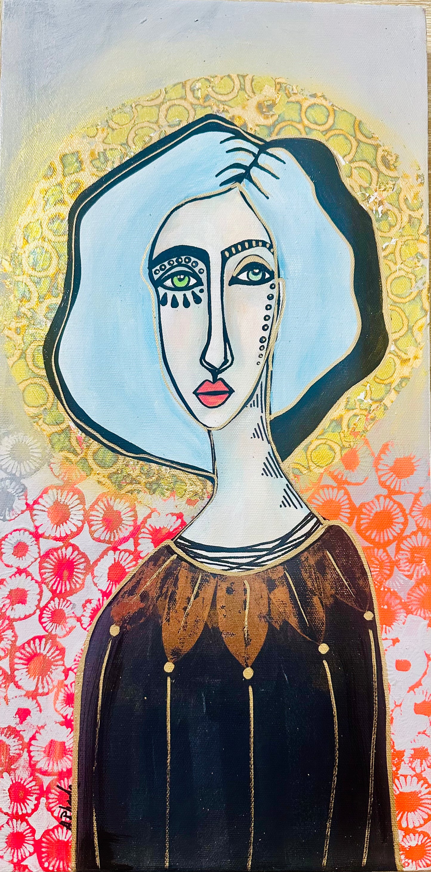 Original, signed painting-10x20” wide pained edge canvas: Abstract portrait w/ mixed media