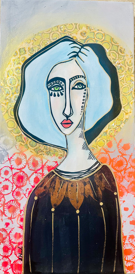 Original, signed painting-10x20” wide pained edge canvas: Abstract portrait w/ mixed media