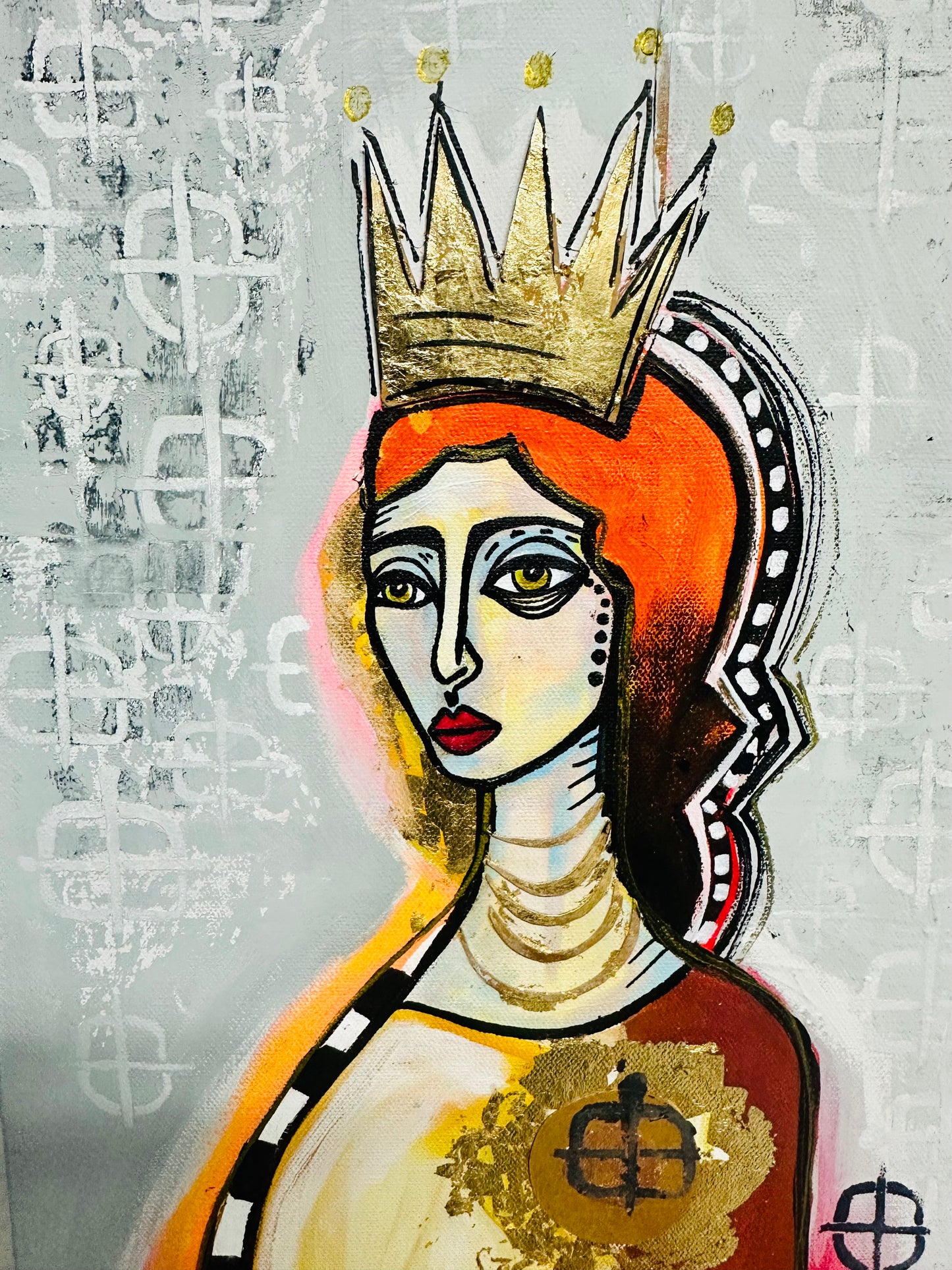 Original, signed painting-12x24” wide collage edge canvas: Abstract portrait w/ mixed media