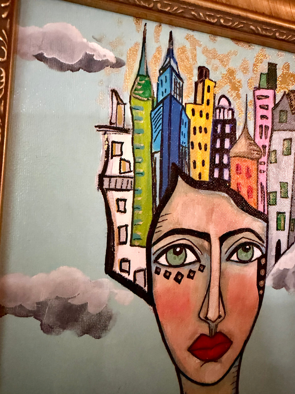 Original,signed painting-mixed media portrait on canvas in gold frame 14x17