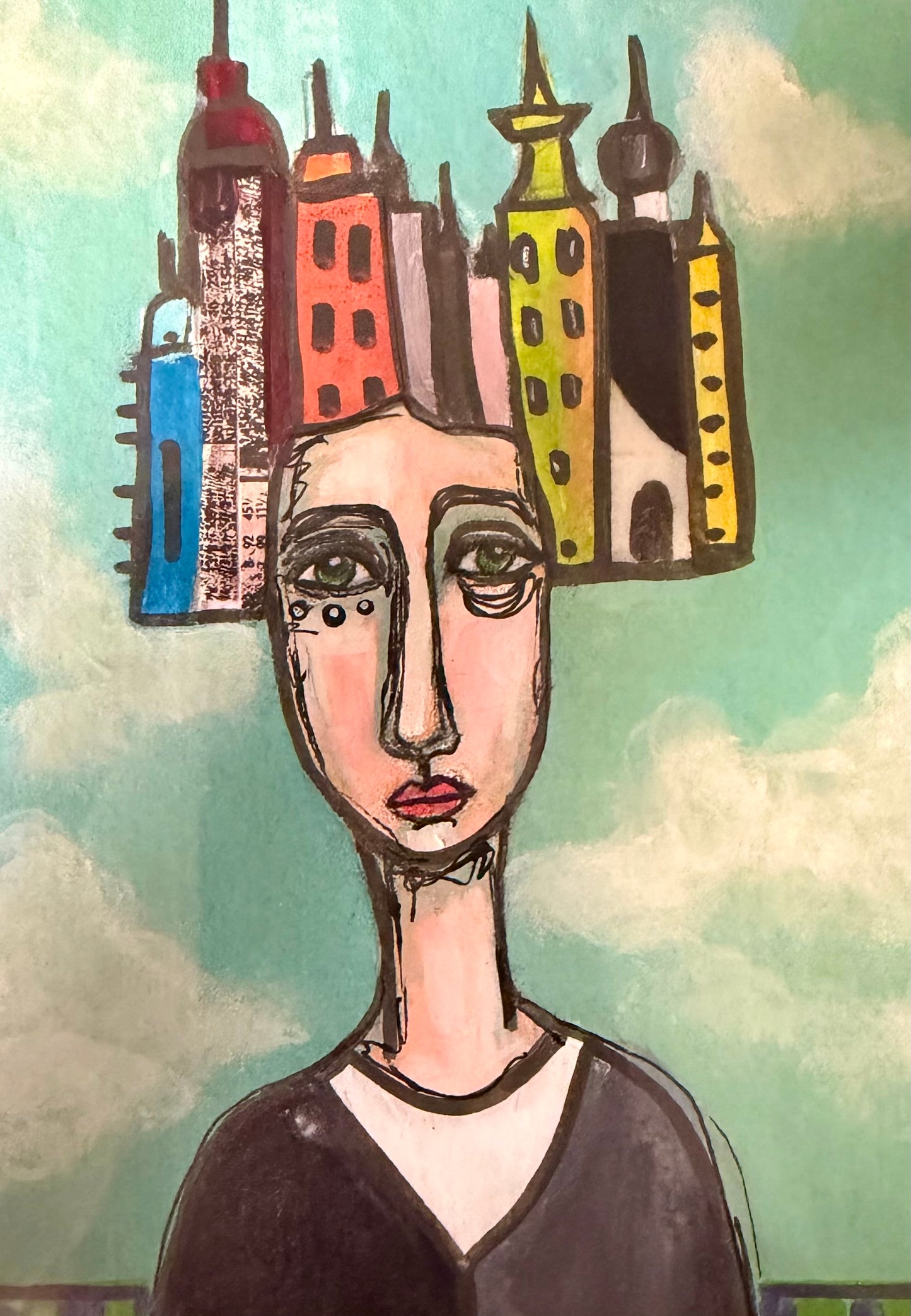 Original,signed painting/mixed media collage portrait on board in black frame, 10x12