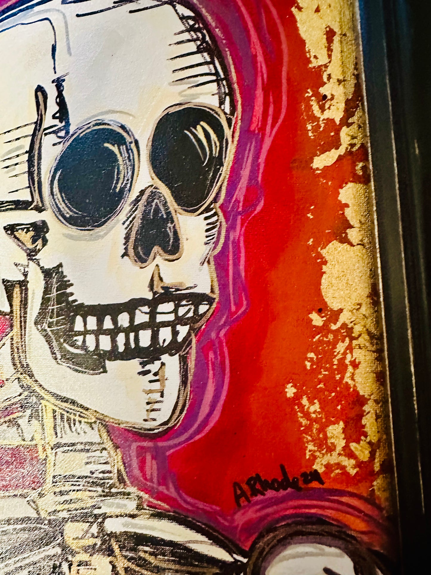 Original painting on canvas board w/ distressed black frame 16x19” Abstract Skelly Portrait w/ mixed media