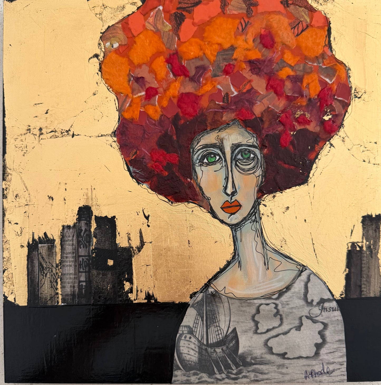 Original, signed mixed media painting/collage on 1in framed wood panel   Abstract portrait w/mixed media -12x12”