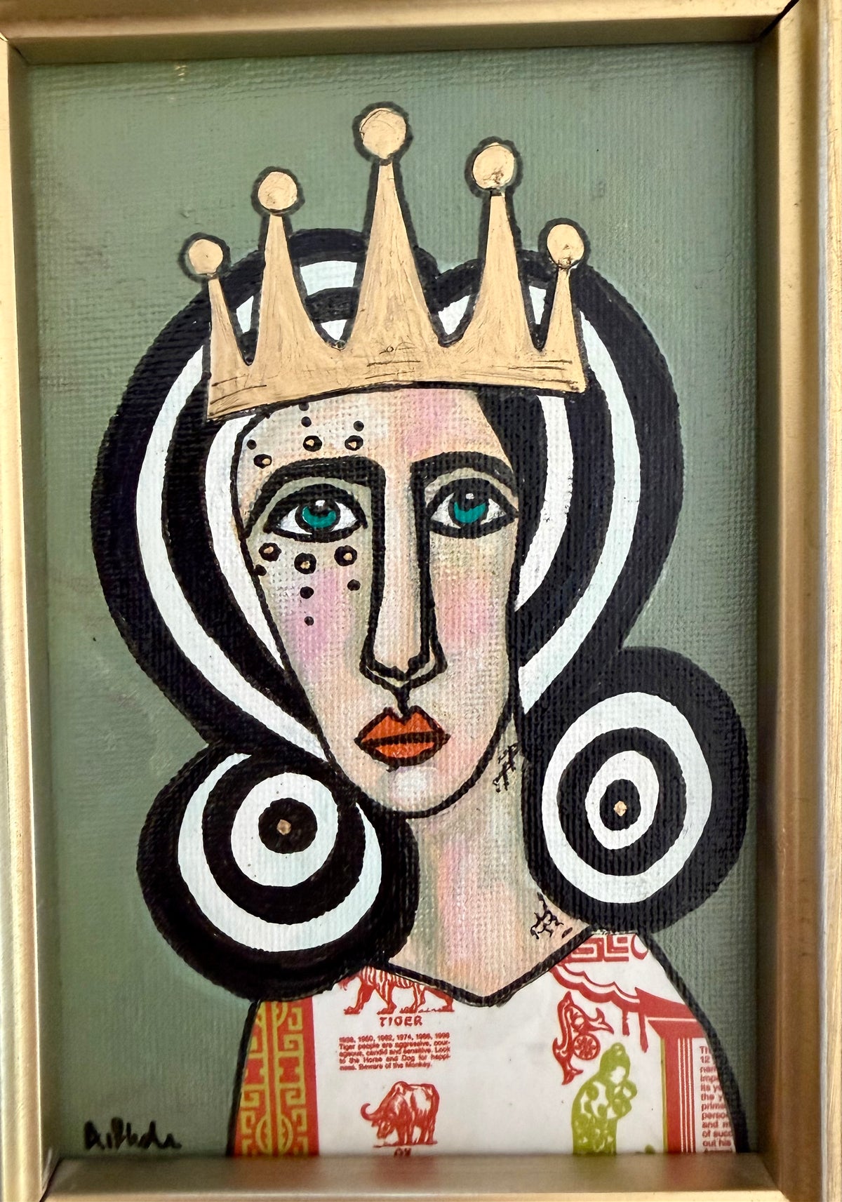 Original,signed painting-mixed media portrait on canvas in gold frame 9x11