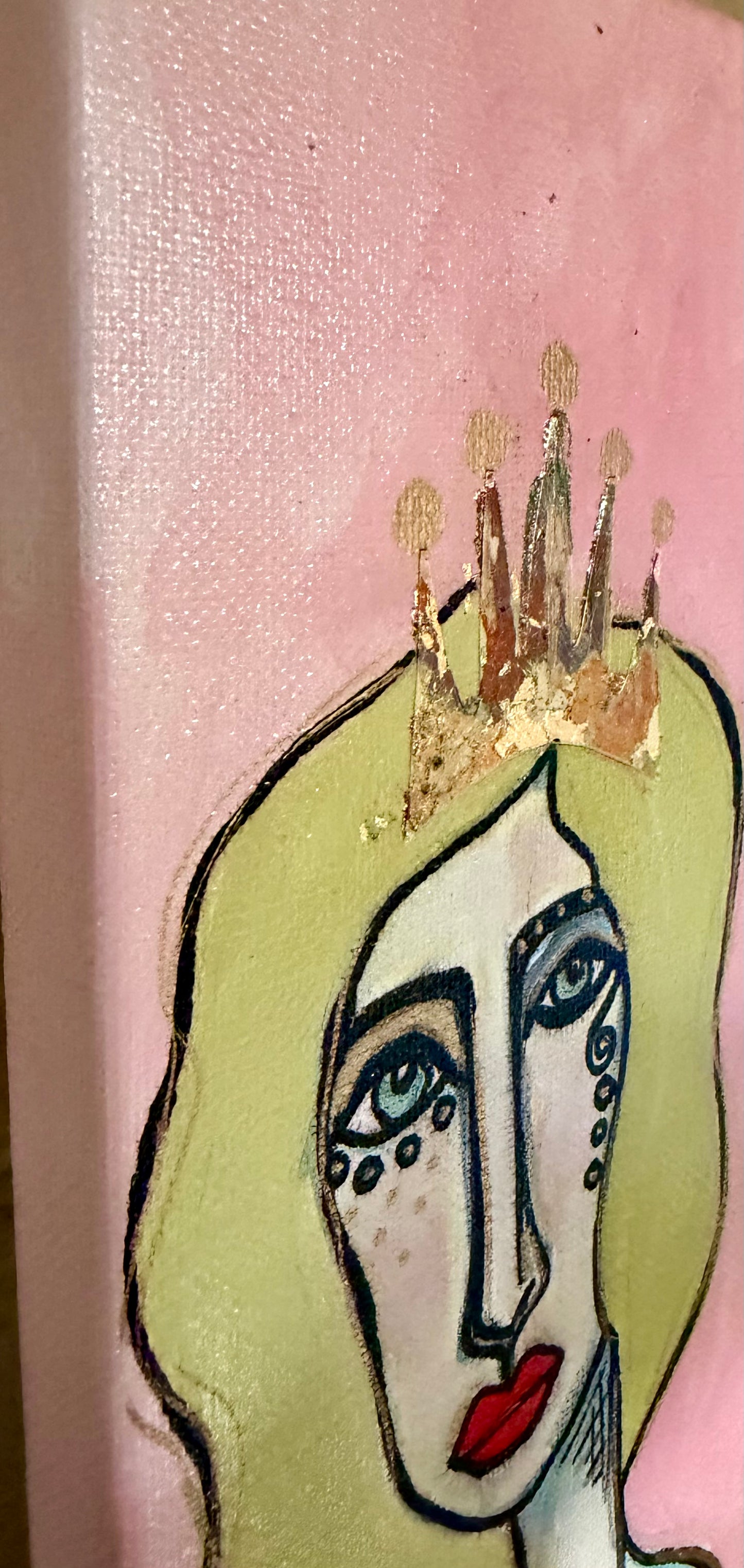 Original, signed mini /slender painting on canvas  Abstract portrait w/mixed media 4x12”