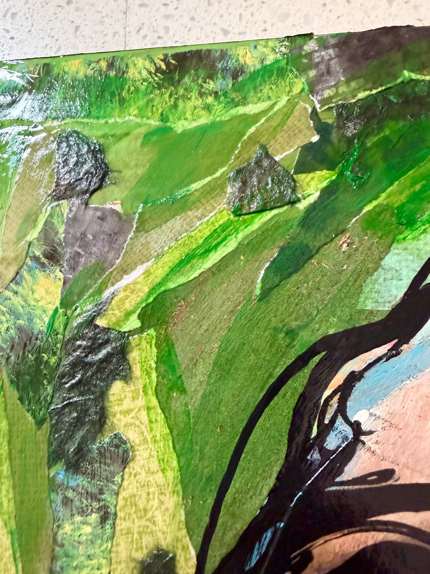 Original, signed mixed media painting/collage on box-framed wood panel. Abstract portrait w/mixed media -11x14”