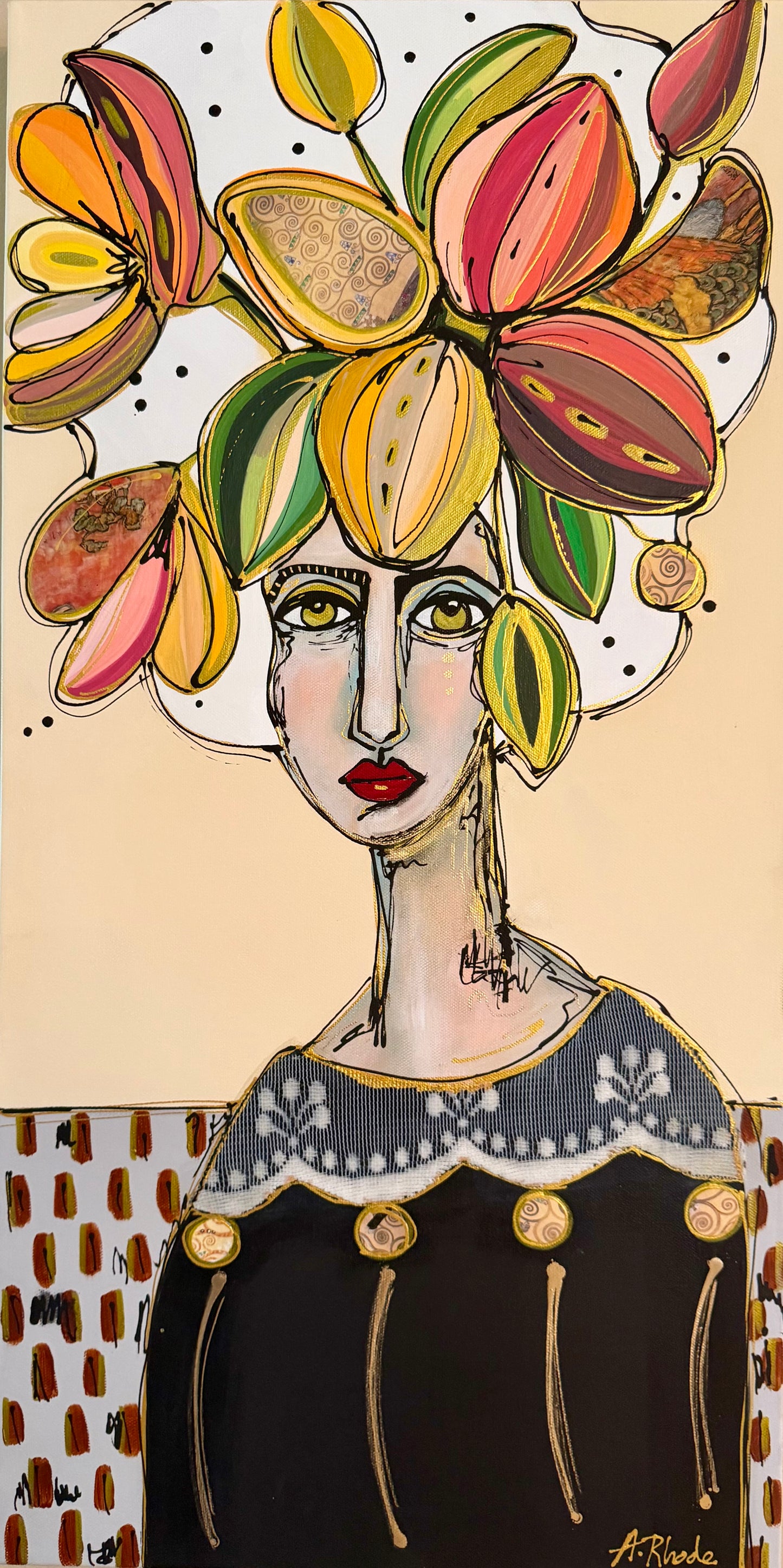 Original, signed painting-15x30”painted, wide edge canvas: Abstract portrait with mixed media collage