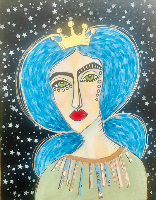 Original, signed painting on collaged edge canvas  Abstract portrait w/mixed media 14x18