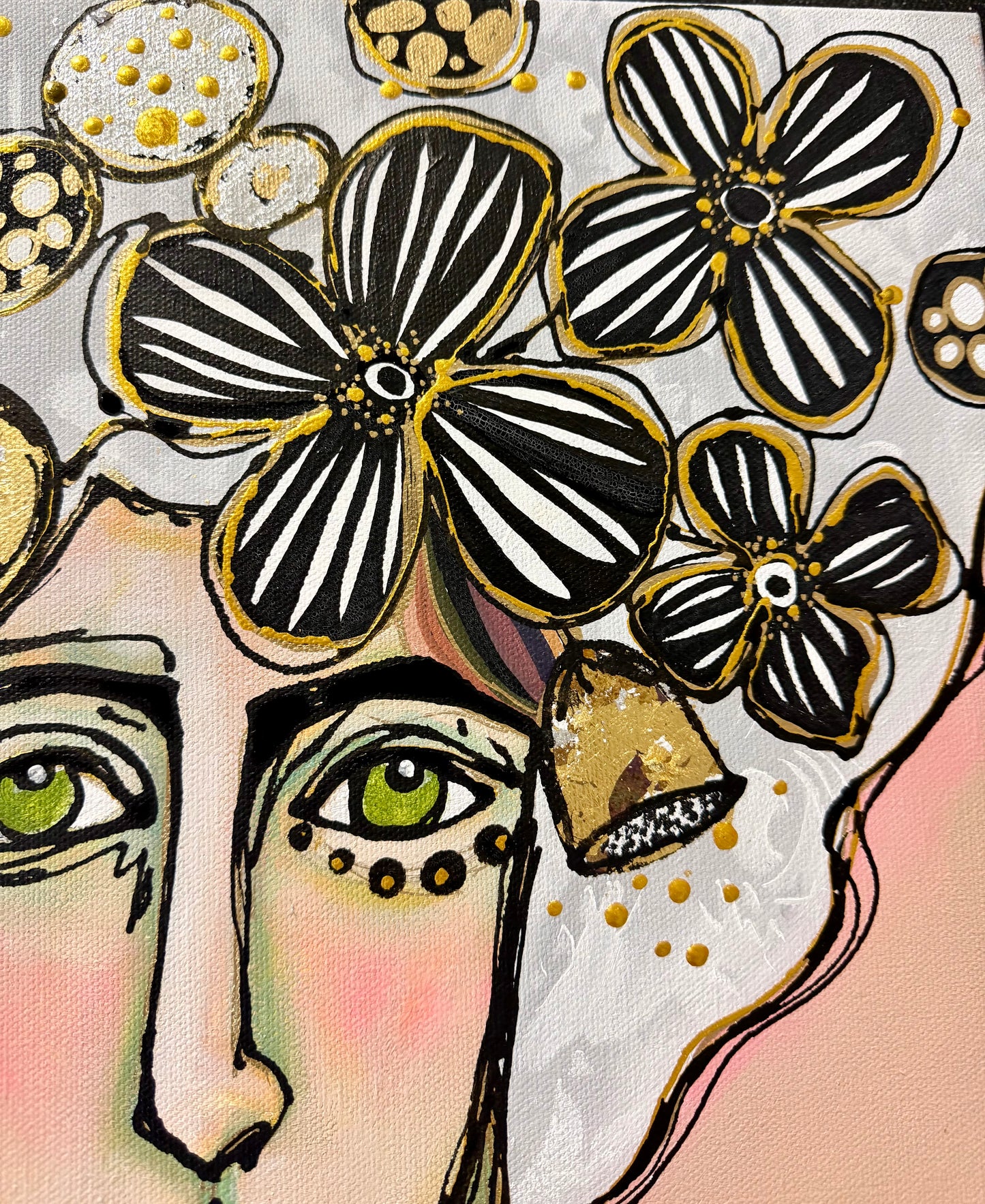 Original, signed painting-20x20”wide edge canvas: Abstract portrait with flowers/mixed media.