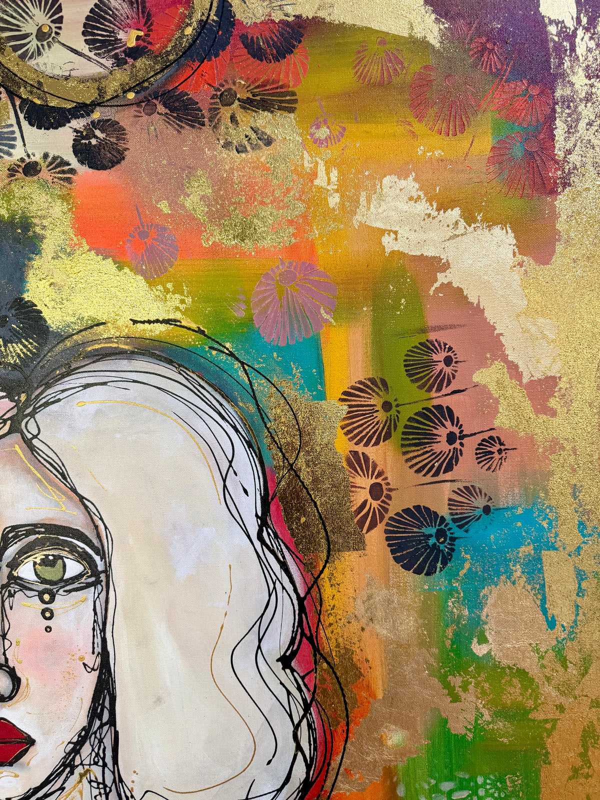 36x48 Original signed painting-wide gallery edge canvas Abstract portrait, acrylic w/mixed media & decorated edge