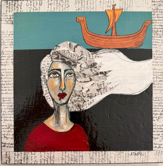 Original, signed mixed media painting/collage on 1in framed wood panel   Abstract portrait w/mixed media -12x12”