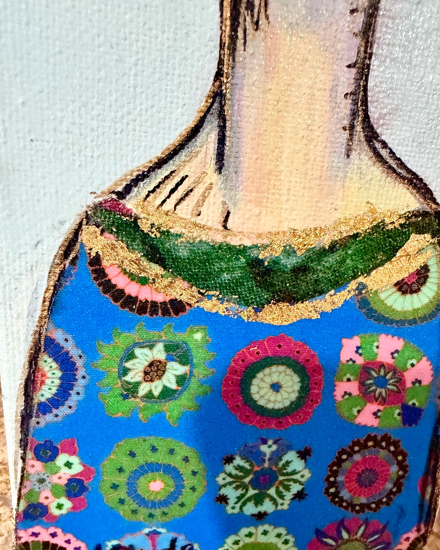 Original, signed mini /slender painting on canvas  Abstract portrait w/mixed media 4x12”