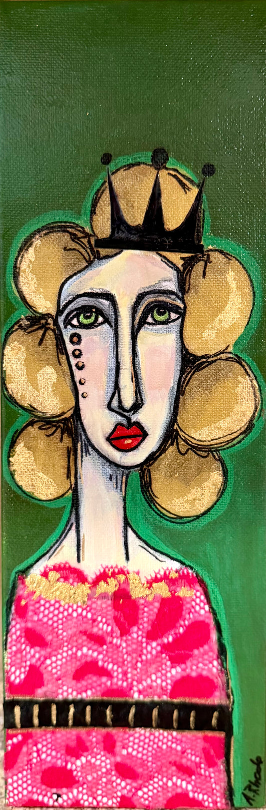 Original, signed mini /slender painting on canvas  Abstract portrait w/mixed media 4x12”