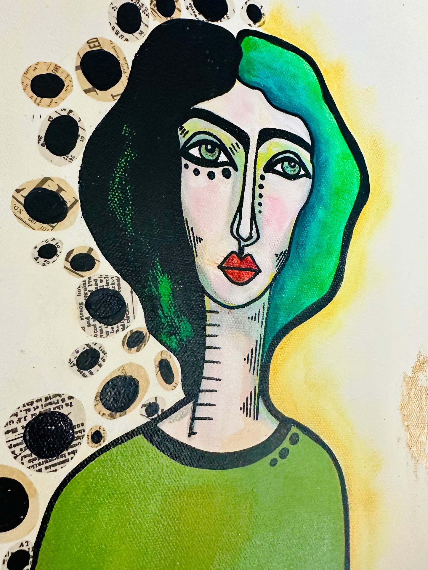 Original, signed painting-12x24” wide collage edge canvas: Abstract portrait w/ mixed media