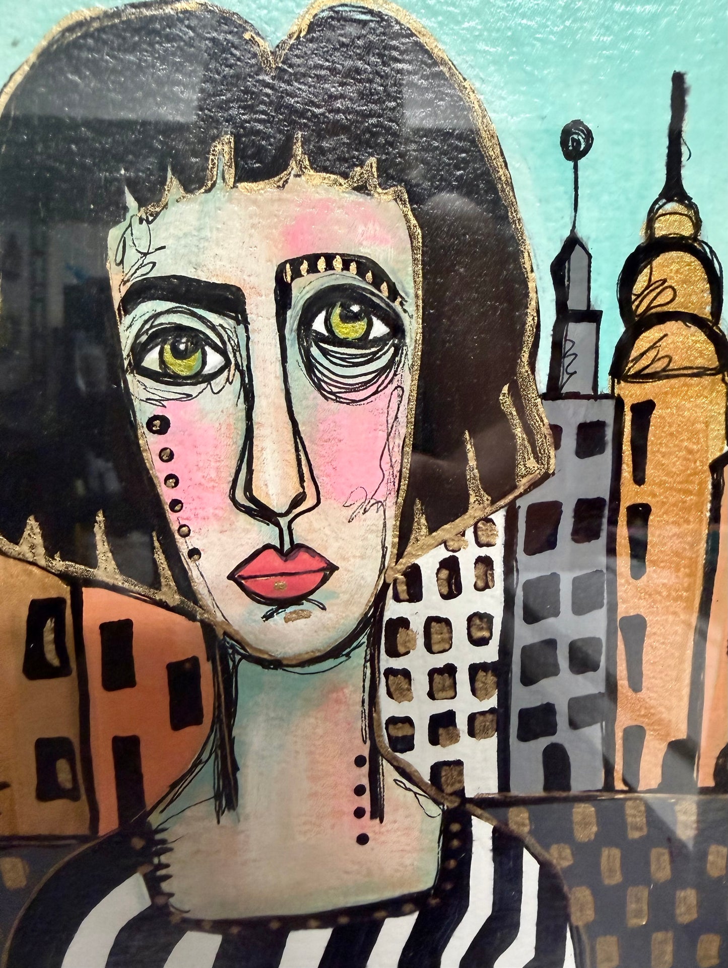 Original,signed painting/mixed media collage portrait on heavyweight archival paper/board in black frame 10.5x13