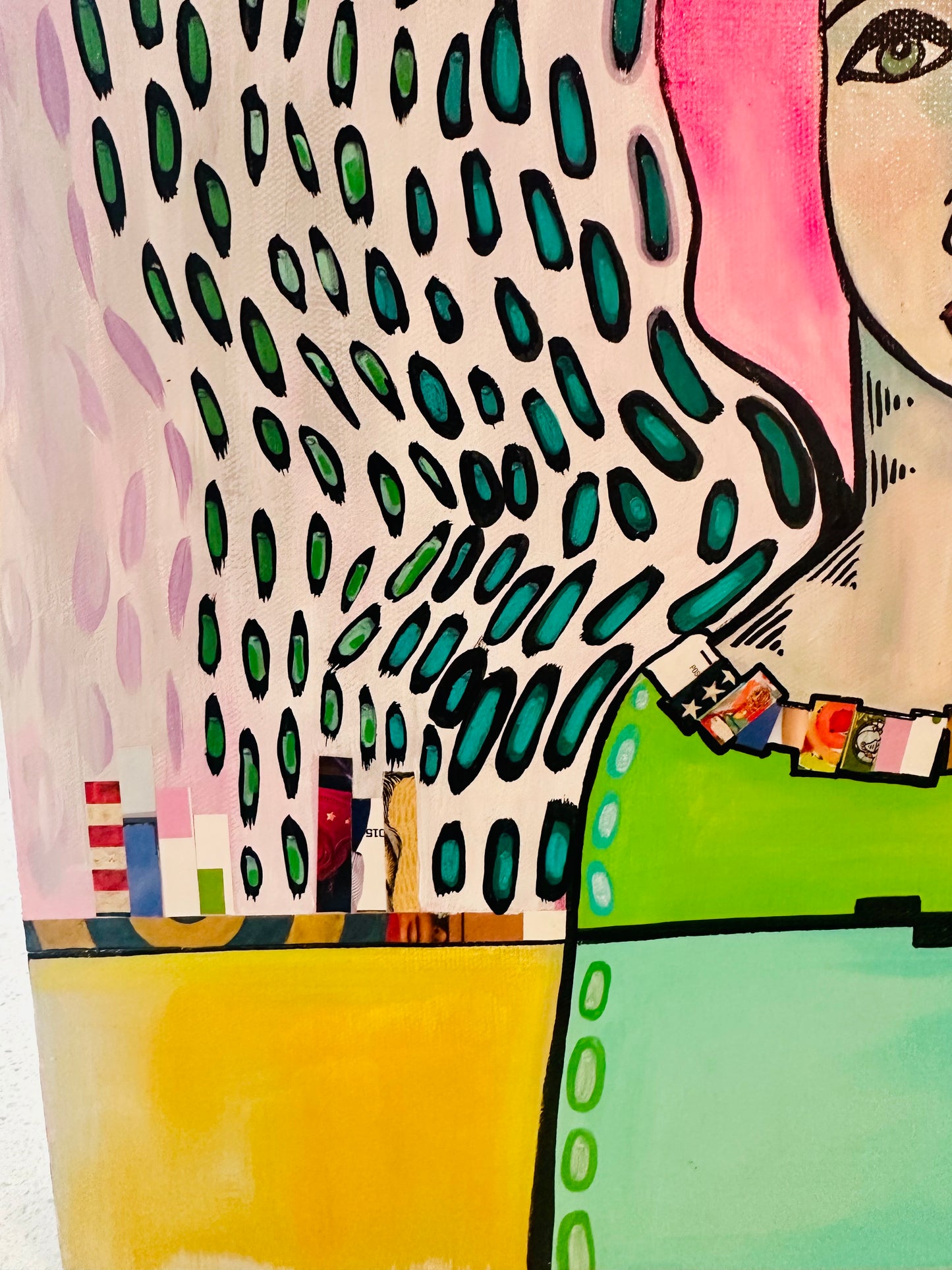 Original, signed painting-18x18” wide collage edge canvas: Abstract portrait w/ mixed media