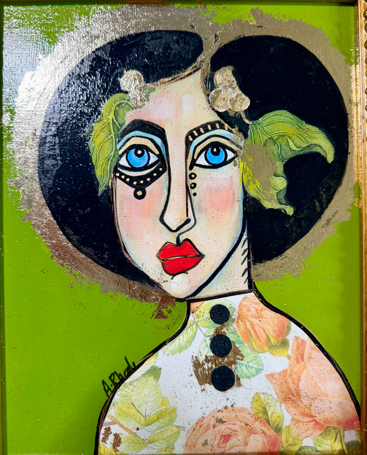 Original,signed painting-mixed media portrait on canvas board in gold frame 12x14”