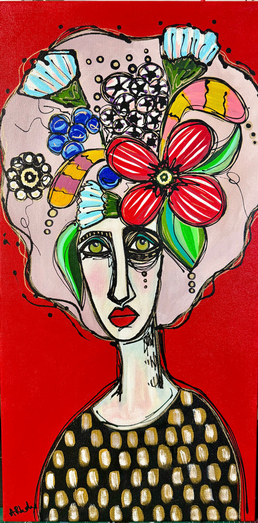 Original, signed painting-12x24” collaged wide edge canvas: Abstract portrait with flowers.