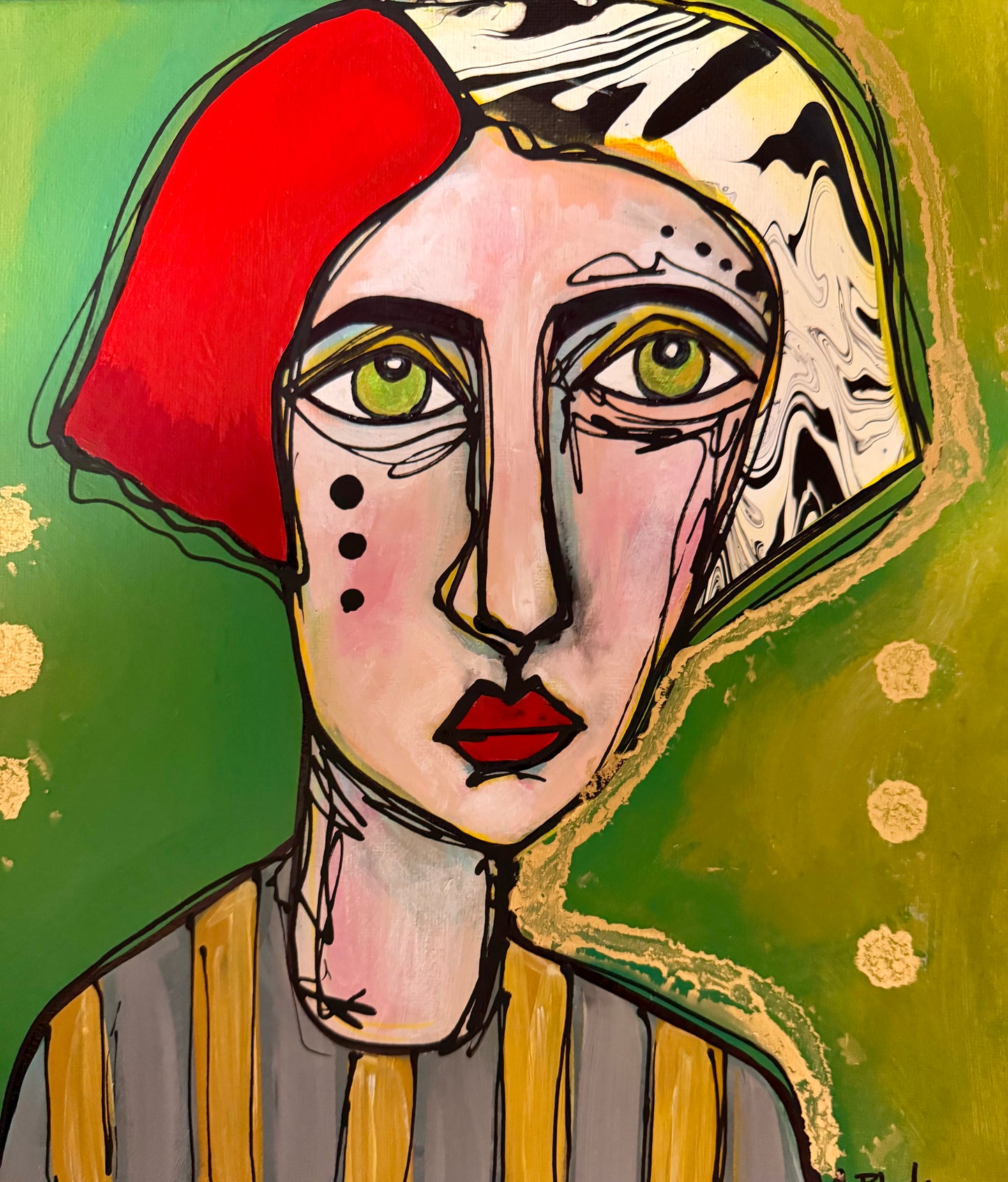 Original, signed painting on canvas  Abstract portrait w/mixed media - square 12x12”