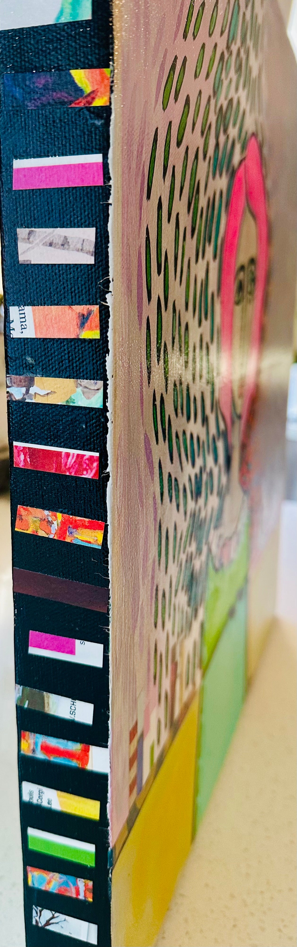 Original, signed painting-18x18” wide collage edge canvas: Abstract portrait w/ mixed media